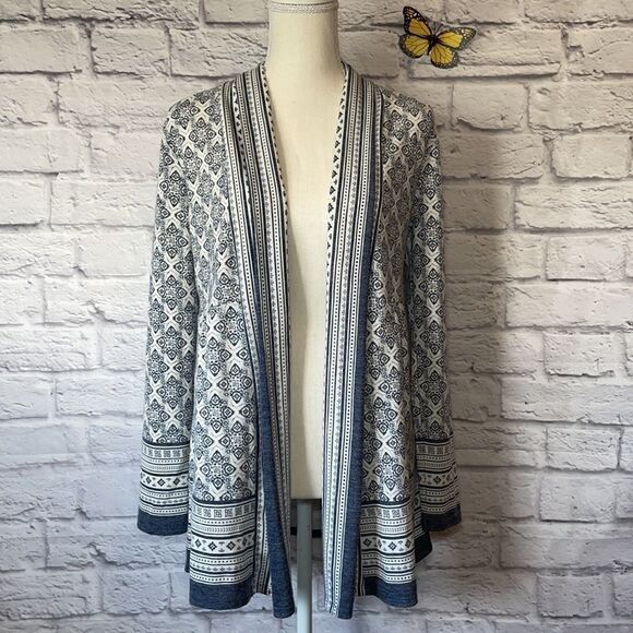 DALIA Blue & White Pattern Open-Front Cardigan, Size Small - Picture 2 of 10